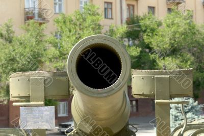 Trunk of a large-caliber army gun - the Howitzer.