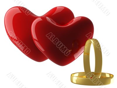 Two heart with wedding rings on a white background. 3D image.