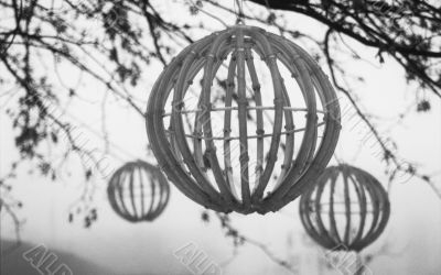 Wooden globes in park