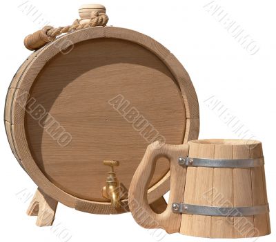  	isolated elegant handmade barrel and beer mug