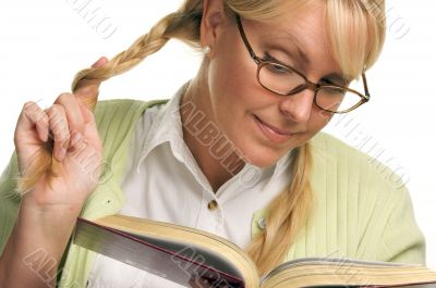 Female With Ponytails Reads Her Book