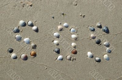 SOS signal on the sand made from shells