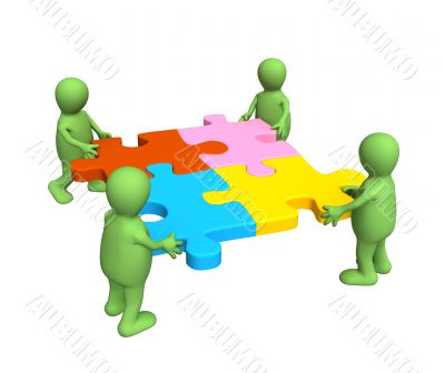 Four puppets, holding in hands a puzzle Four puppets, holding in hands a puzzle