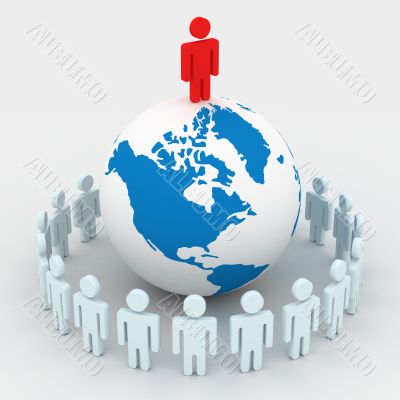 Group of people standing round globe. 3D image.