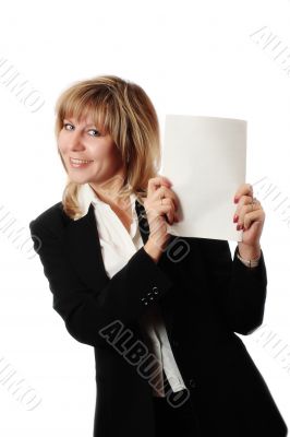 standing woman holding brochure