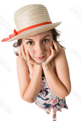 surprised woman in straw hat surprised woman in straw hat
