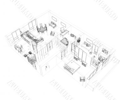 3d sketch of a four-room apartment