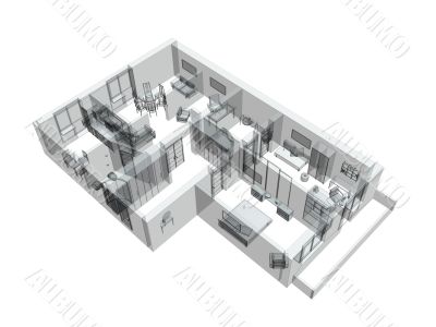 3d sketch of a four-room apartment