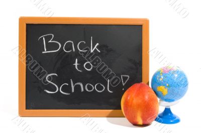 chalkboard with text back to school and apple and globe