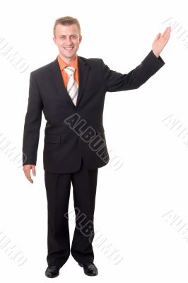 smiling businessman with indicating gesture