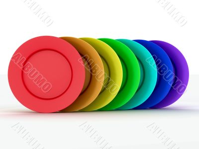 Set of plates in colours a rainbow. 3D image.