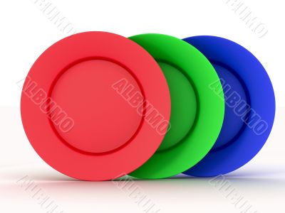 Set of plates in colours of a RGB. 3D image. Set of plates in colours of a RGB. 3D image.