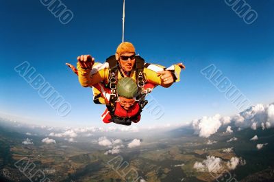 Tandem skydivers in action