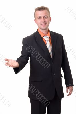 smiling businessman with indicating gesture smiling businessman with indicating gesture