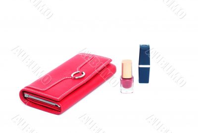 cosmetics and purse feminine red