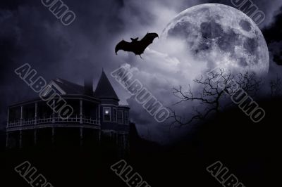 Haunted Halloween Illustration Mansion and Bat