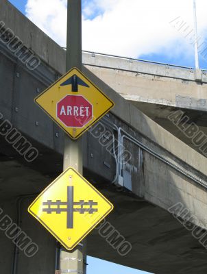 stop, train track sign