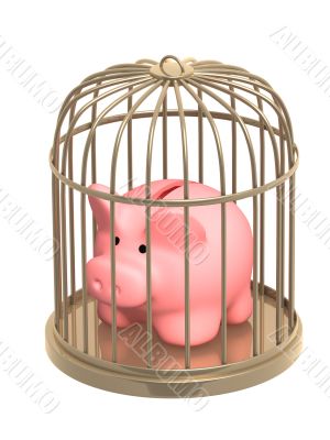 Piggy bank closed in a cage
