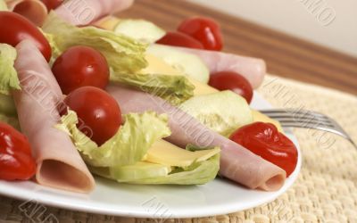 Fresh salad with cold meat, greens and peppers
