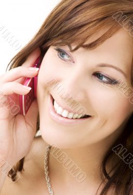 woman with pink phone