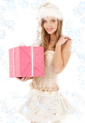 santa helper in corset and skirt with gift box