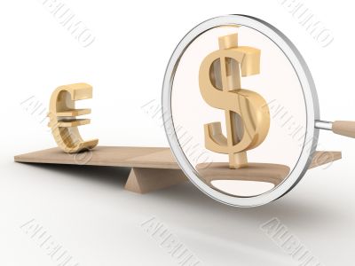 Dollar and euro on scales. 3D image.