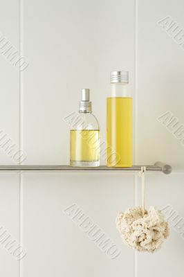 white bathroom with showering products