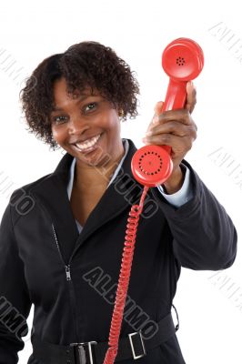 Woman with a red phone Woman with a red phone
