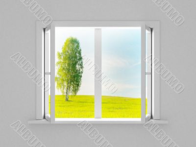 Landscape behind the open window. 3D image Landscape behind the open window. 3D image