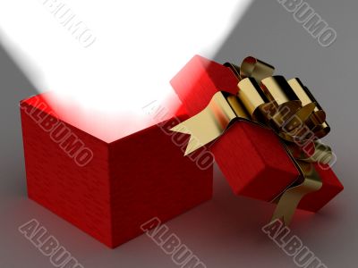 Open gift box with a ray of light. 3D image.