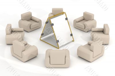 Eight armchairs around of a poster. 3D image.