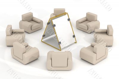 Eight armchairs around of a poster. 3D image. Eight armchairs around of a poster. 3D image.