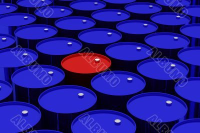 A lot of dark blue and one red vat. 3D image.