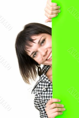woman with green billboard