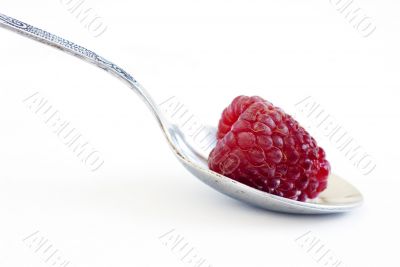 red raspberries in silver spoon
