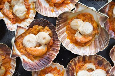 Baking tray of scallops cooked