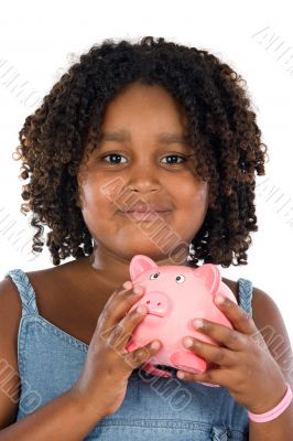 adorable African girl with pink piggy bank