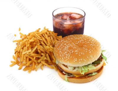 french fries, hamburger and cola