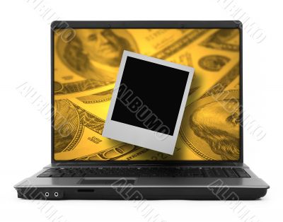 notebook with dollars and photo frame