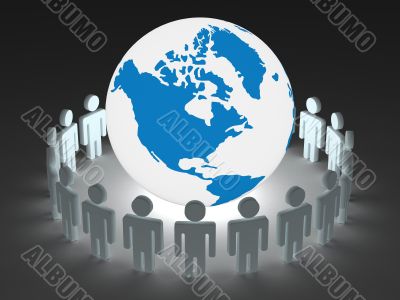 Group of people standing round globe. 3D image.