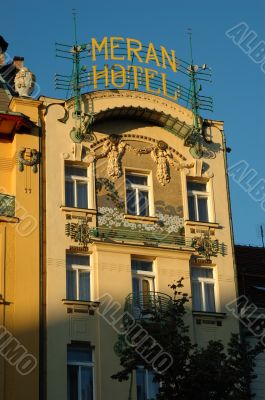 Meran Hotel in Prague at sunset