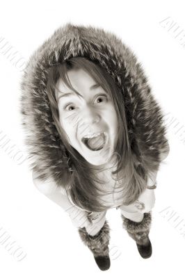 very surprised woman in fur hat very surprised woman in fur hat
