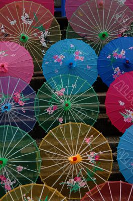 many umbrellas on the stairs