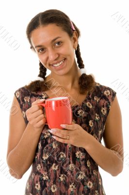 woman with red mug