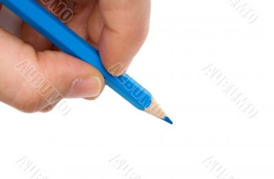 Hand with blue pen on a white background