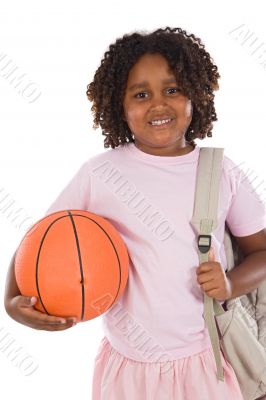 African girl student with basketball and backpack