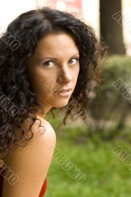 beautiful brunet woman in red