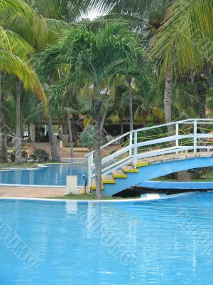 blue pool with bridge in a tropical setting