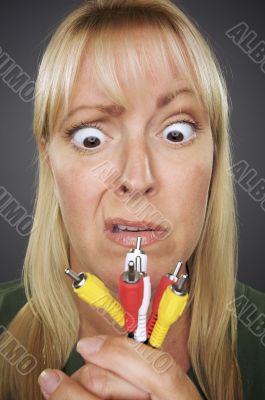 Confused Woman Holding Electronic Cables