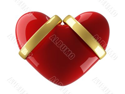 Heart with wedding rings on a white background. 3D image.
